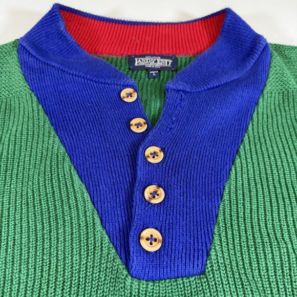 Lands End Vtg 90s Button Henley Cotton Sweater Color Block Made USA Mens L - Picture 4 of 9